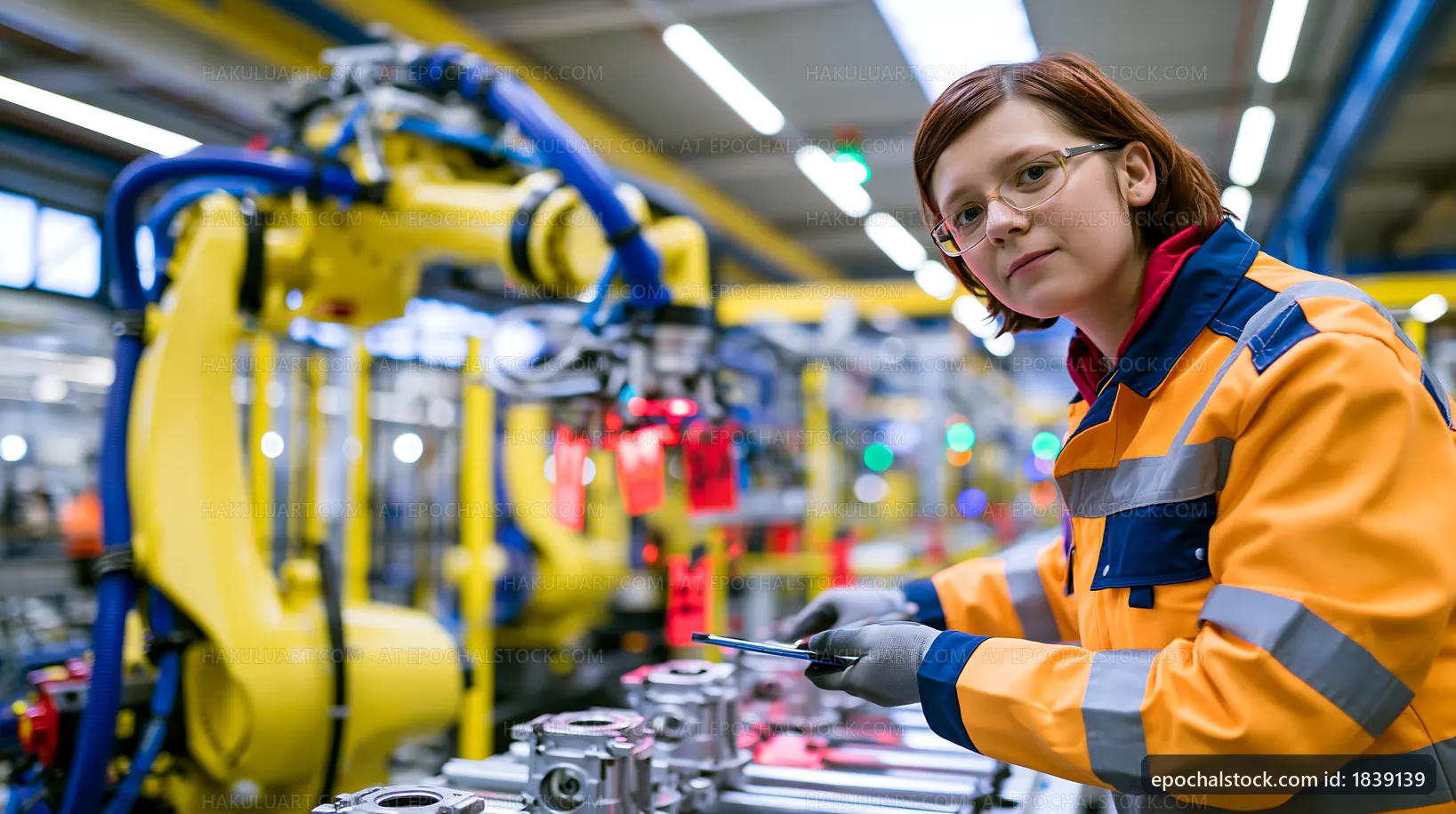Worker in safety gear with robotic arms in a factory setting