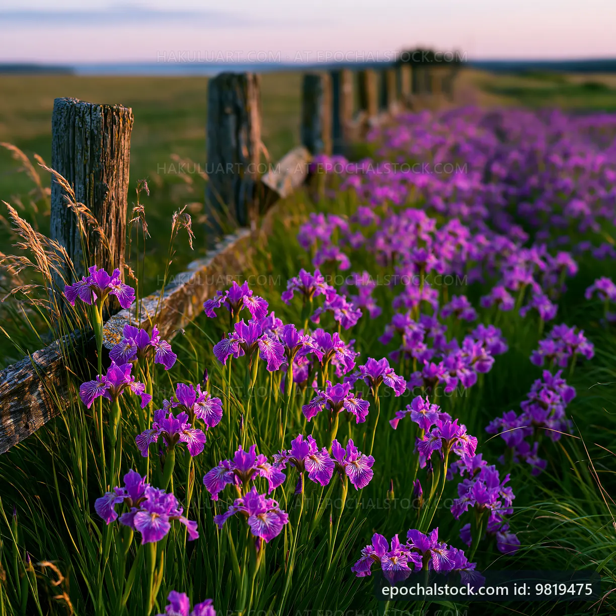 Violet flowers bloom near a wooden fence at sunset