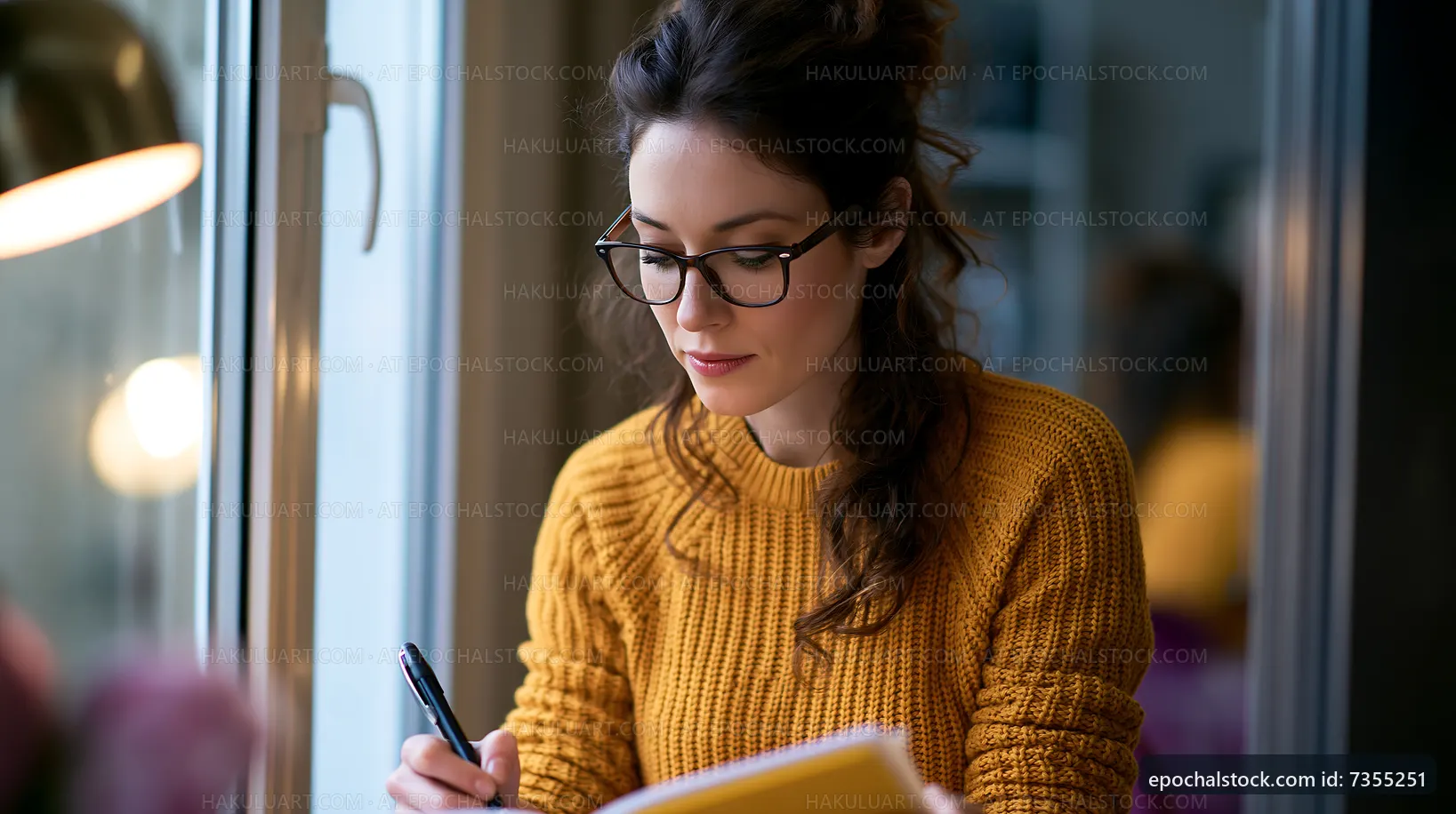 Woman writing notes by a window in a cozy indoor setting