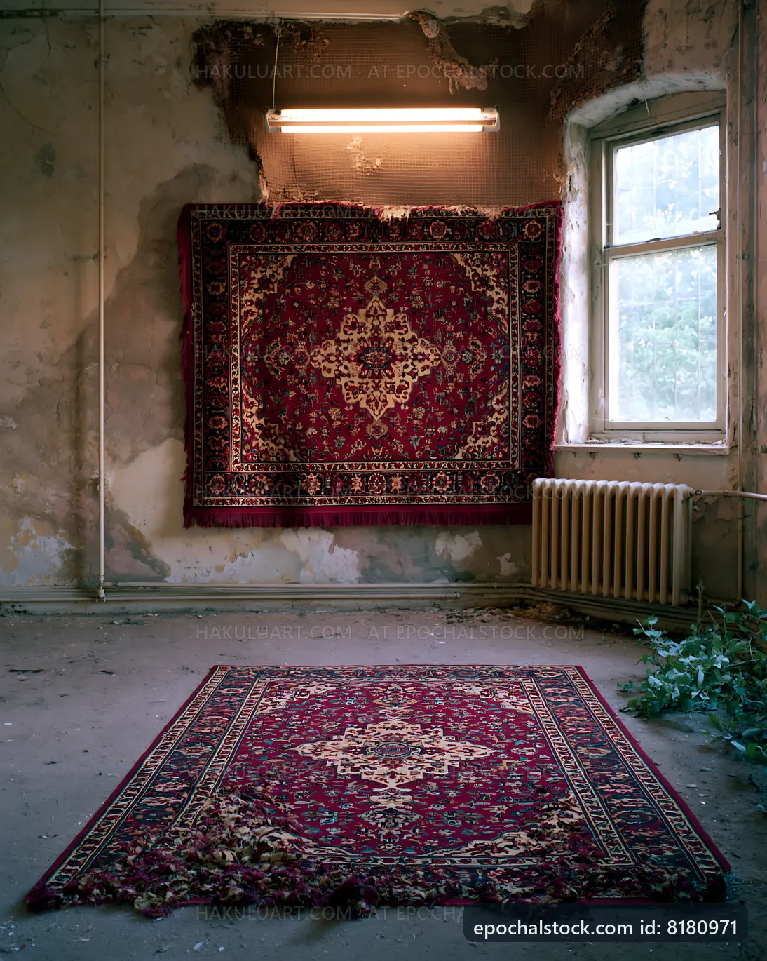 Rugs displayed in an abandoned room with peeling walls