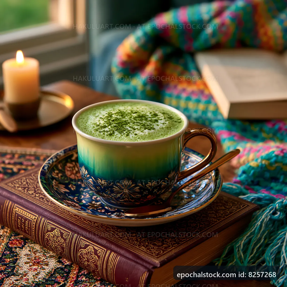 Cup of matcha on a cozy table with candle and colorful blanket