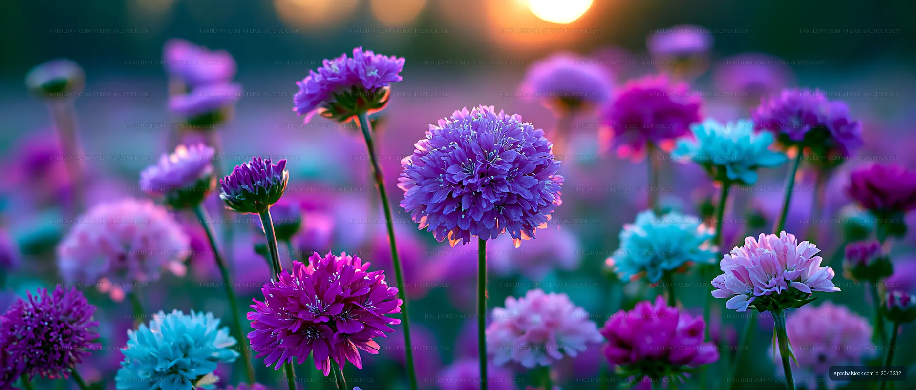 Colorful flowers blooming at sunset in a garden