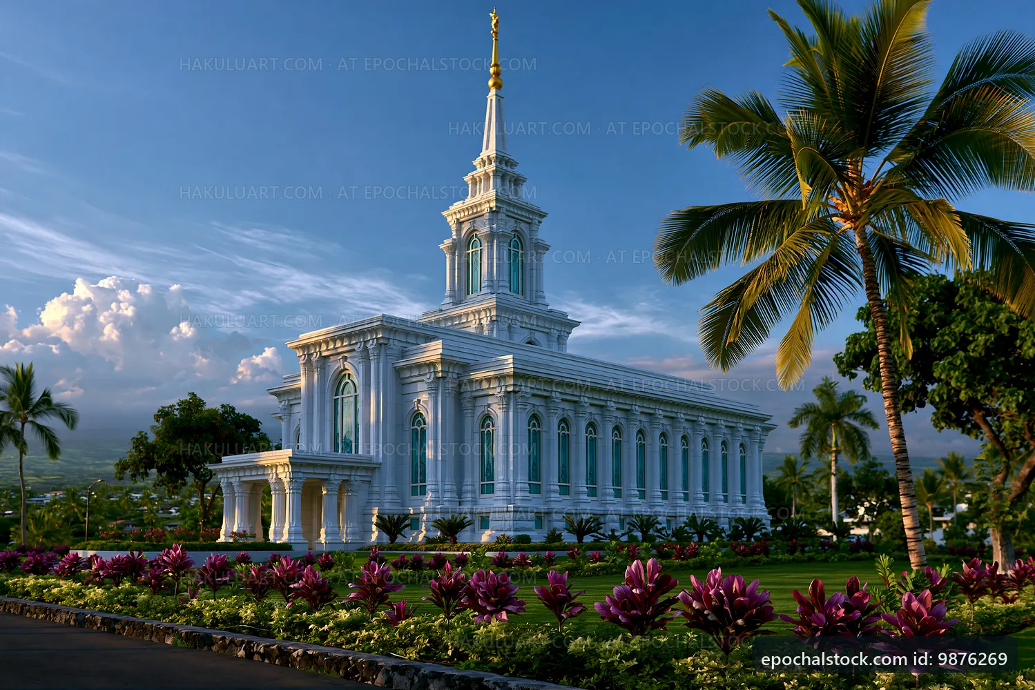 Elegant white temple with palm trees and flowers in a sunny setting