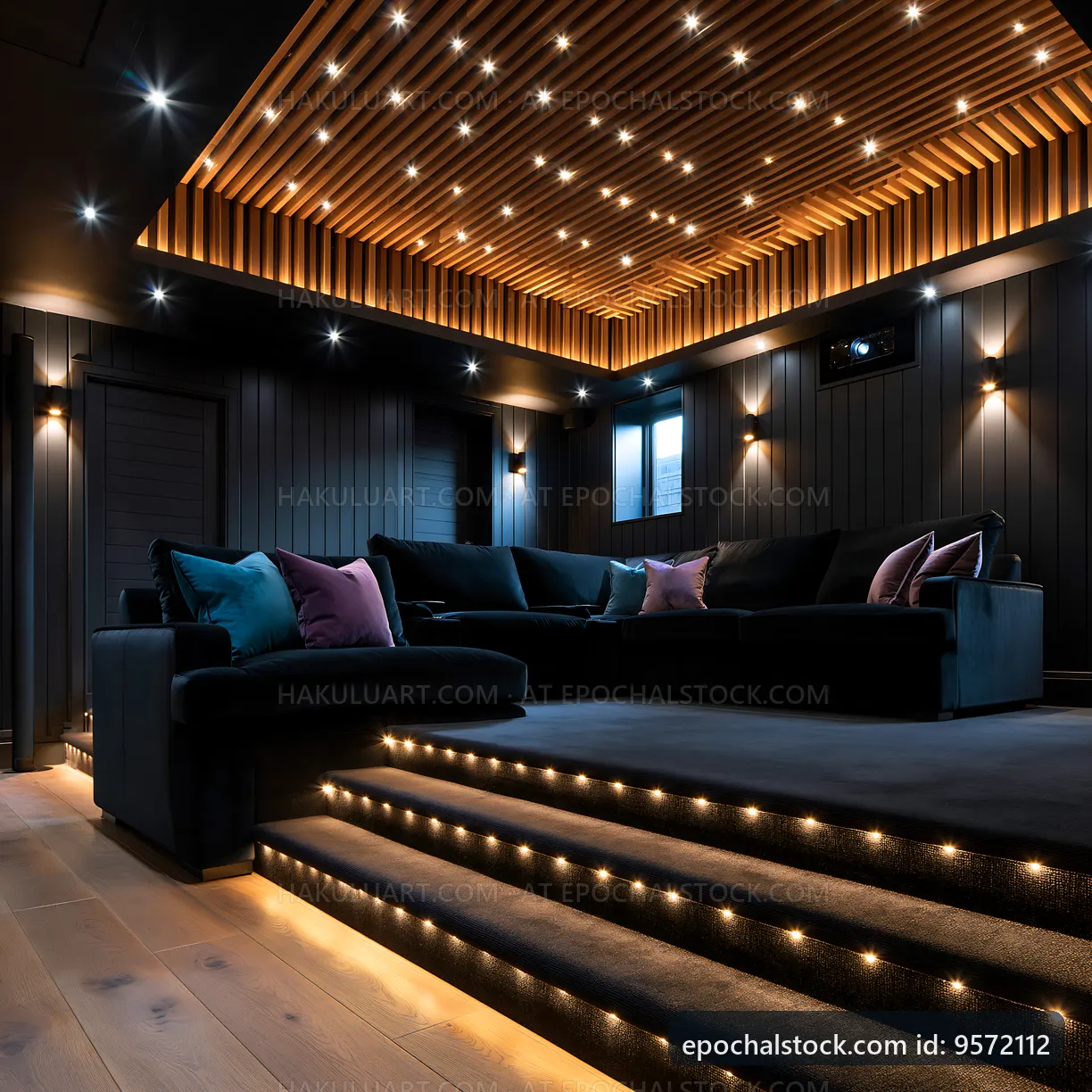 Cozy home theater with modern design and soft lighting