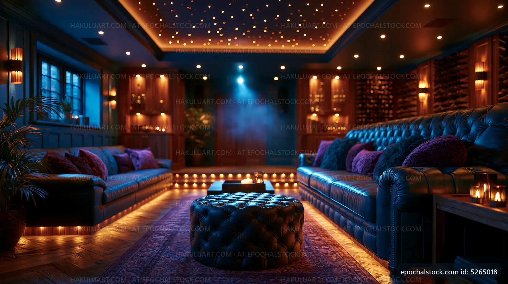 Luxurious lounge with cozy seating and ambient lighting