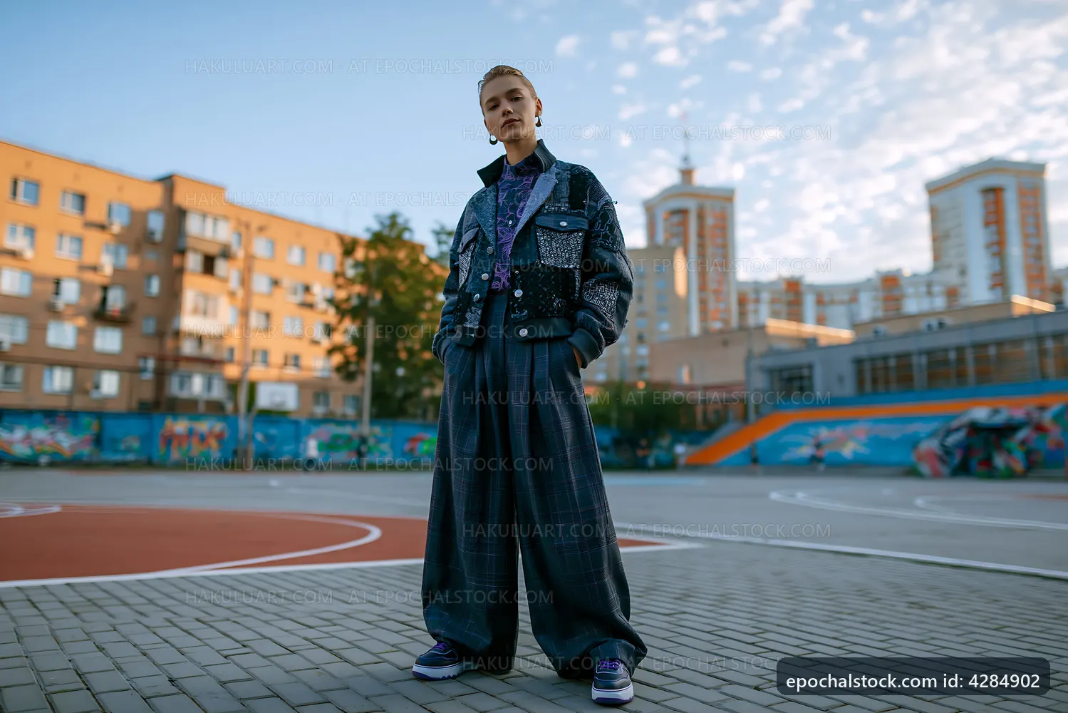 Young person in stylish outfit standing on urban basketball court