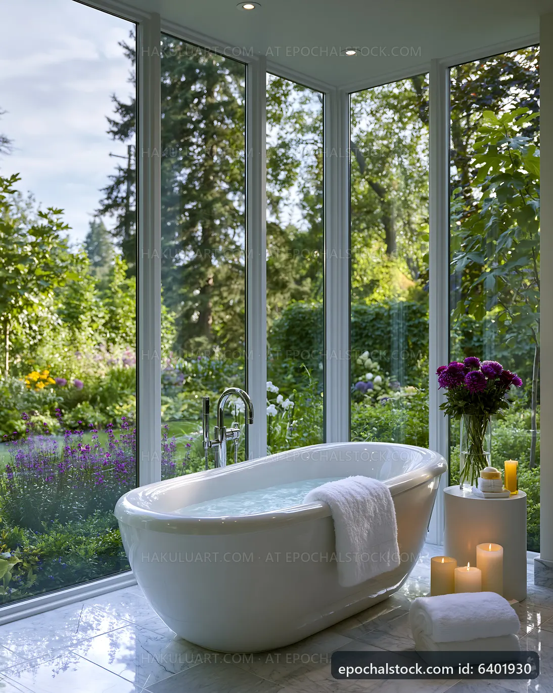 Modern bathtub in a bright bathroom with garden view
