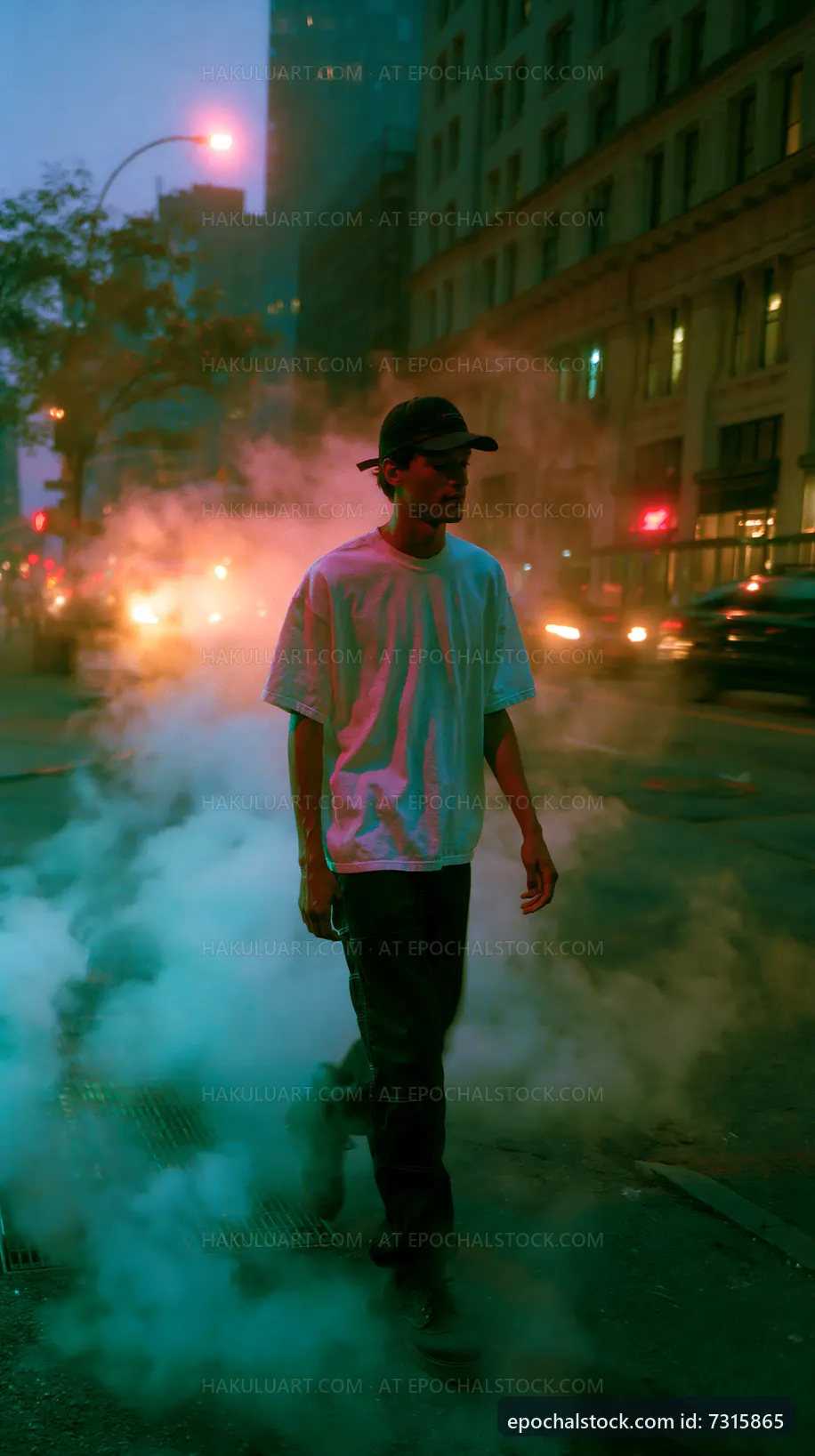 Man walking through street fog in city at dusk