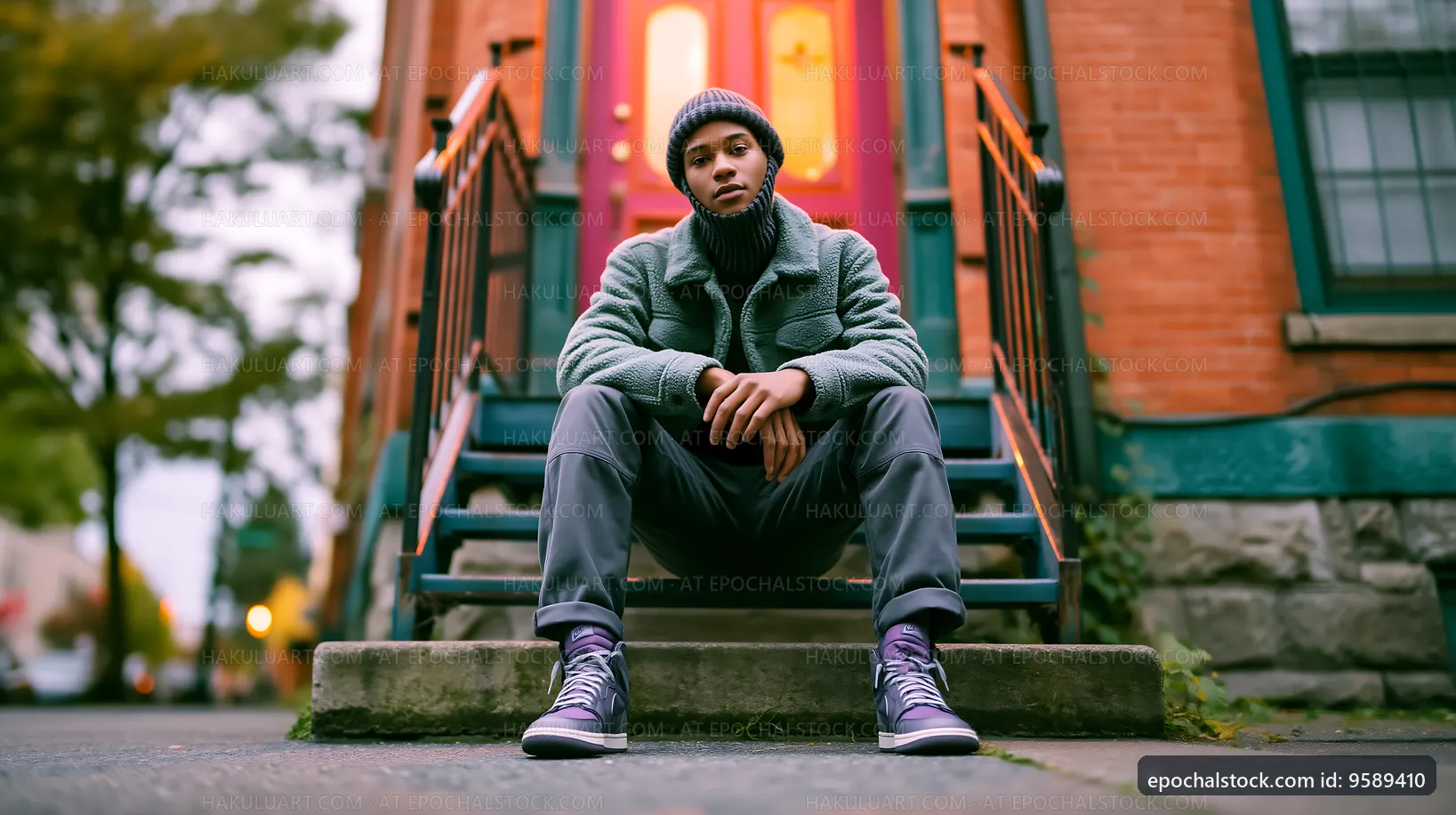 Person sitting on steps in urban area on a cloudy day