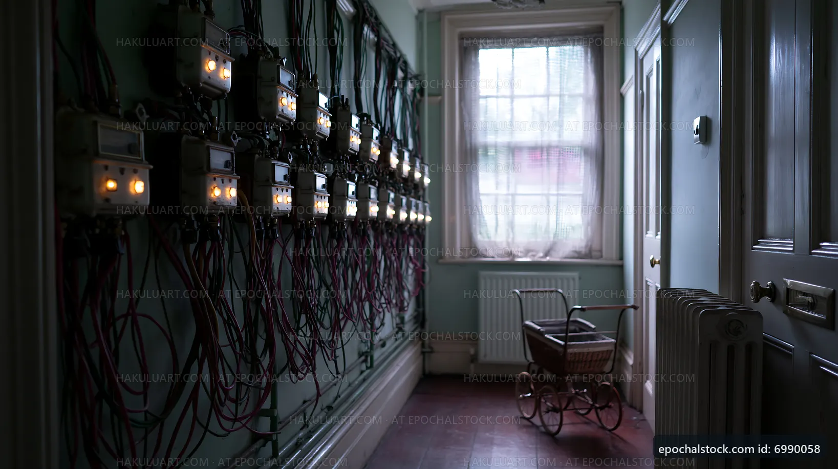 Old hallway with electric meters and vintage baby carriage