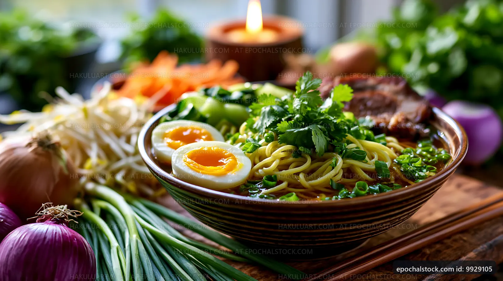 Noodle bowl with vegetables and soft boiled eggs on wooden table