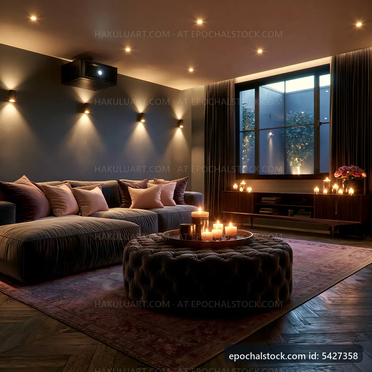 Cozy living room with soft lighting and candle arrangement