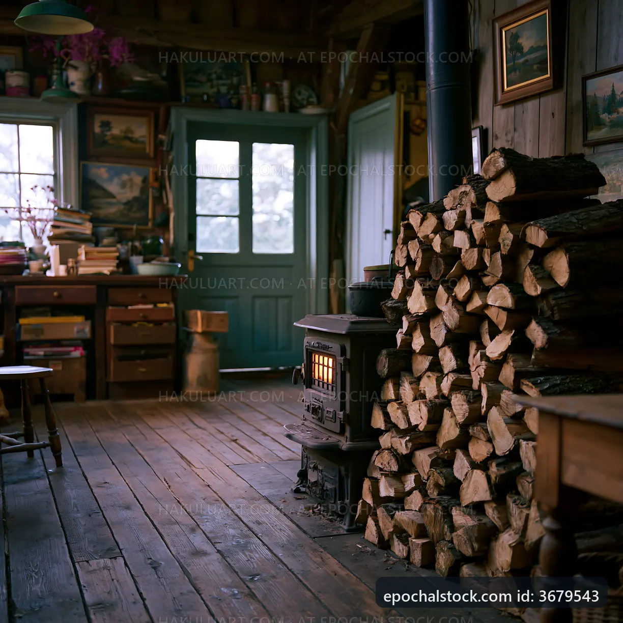 Cozy room with stacked firewood and a stove on a winter day