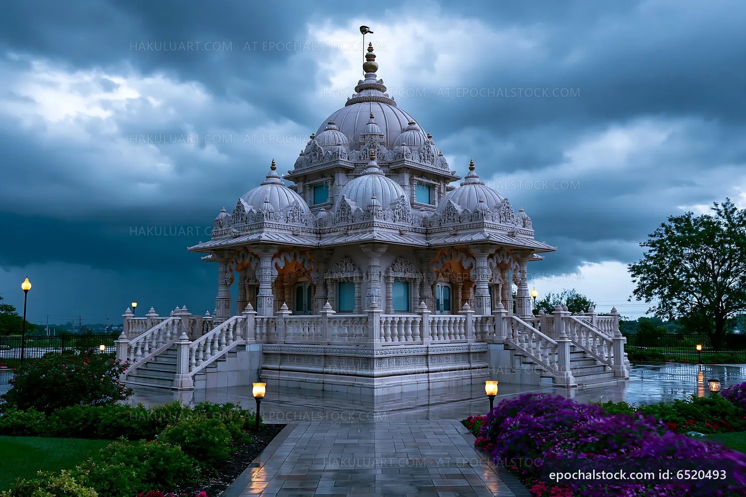 Storm clouds gather over a temple in a city park