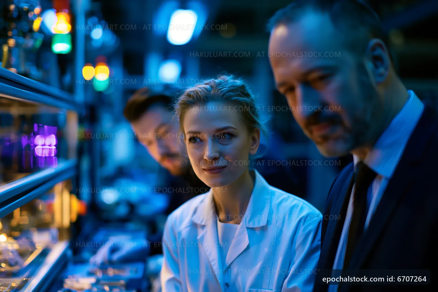Group of people working in a laboratory setting at night