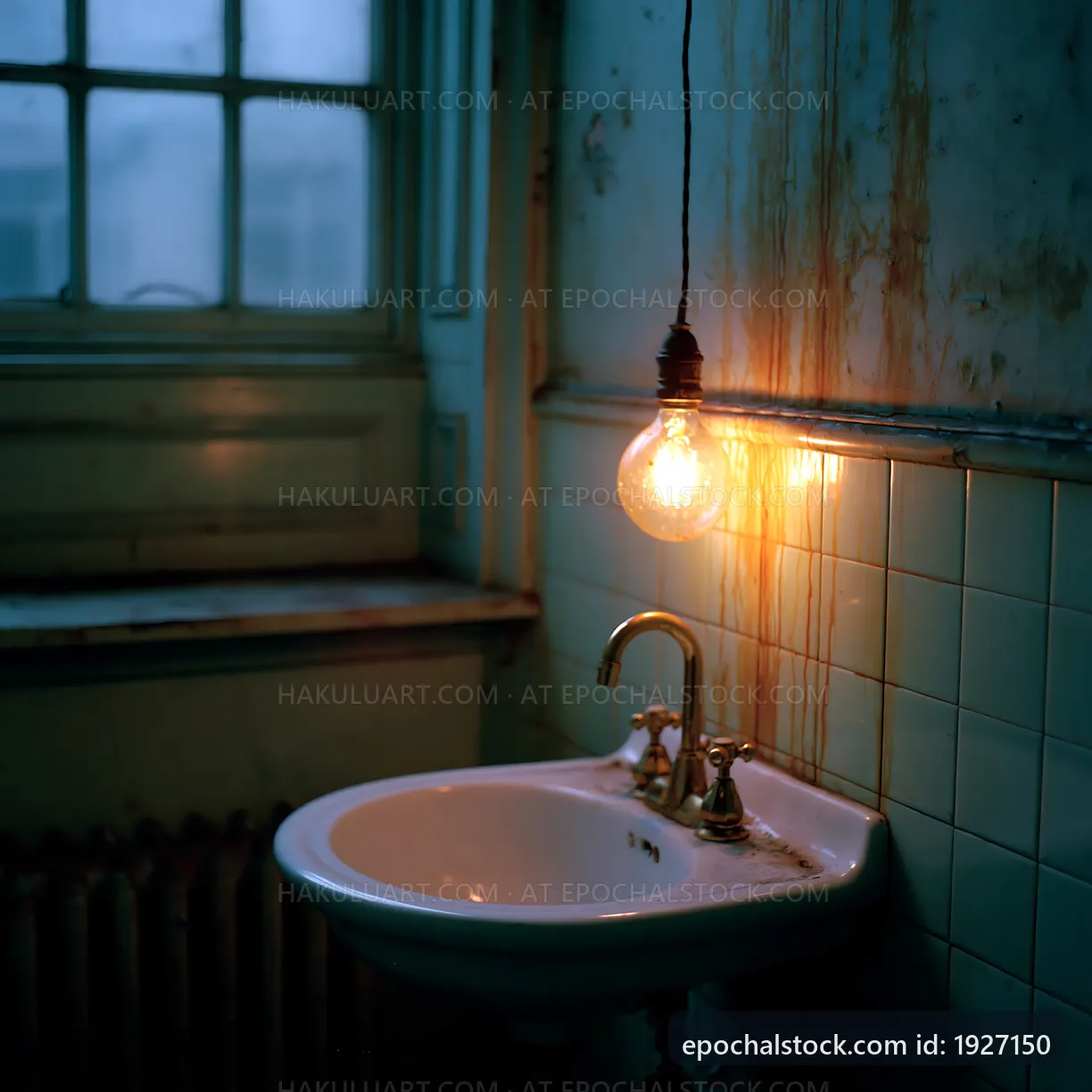 Old sink with hanging light in dim bathroom