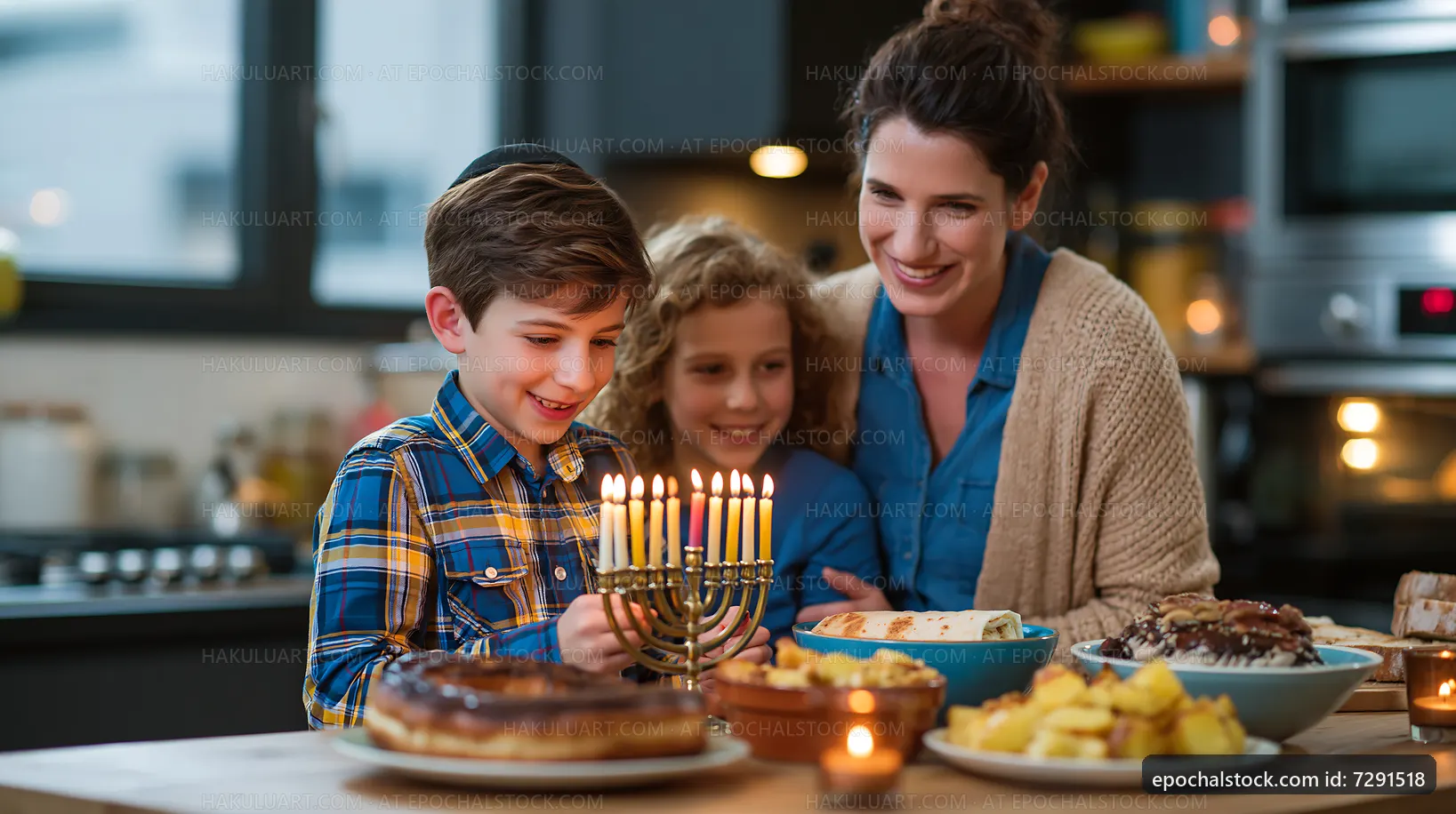 Family gathering around menorah during holiday celebration