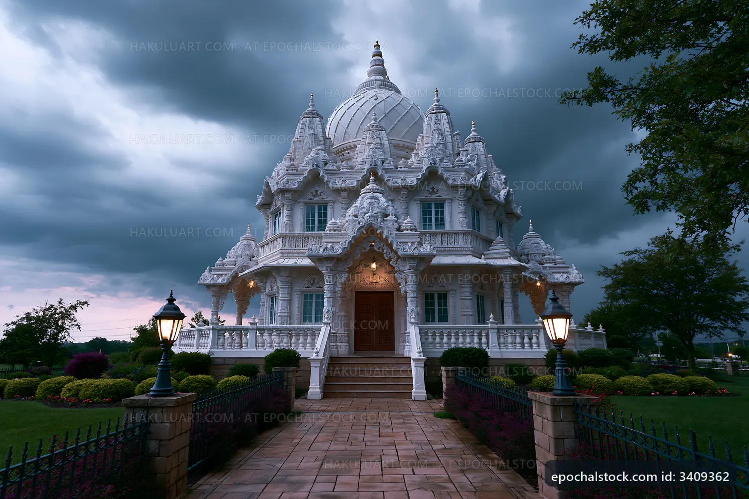 Intricate white temple under a dramatic sky in a serene garden