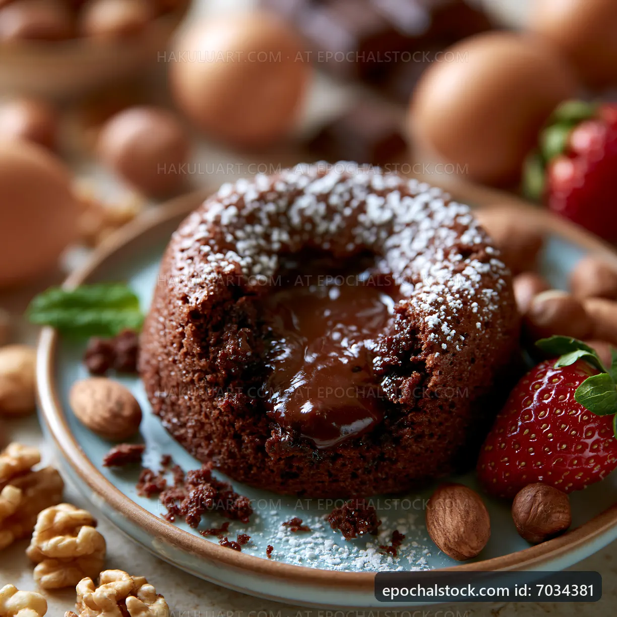 Chocolate lava cake on a plate with strawberries and nuts