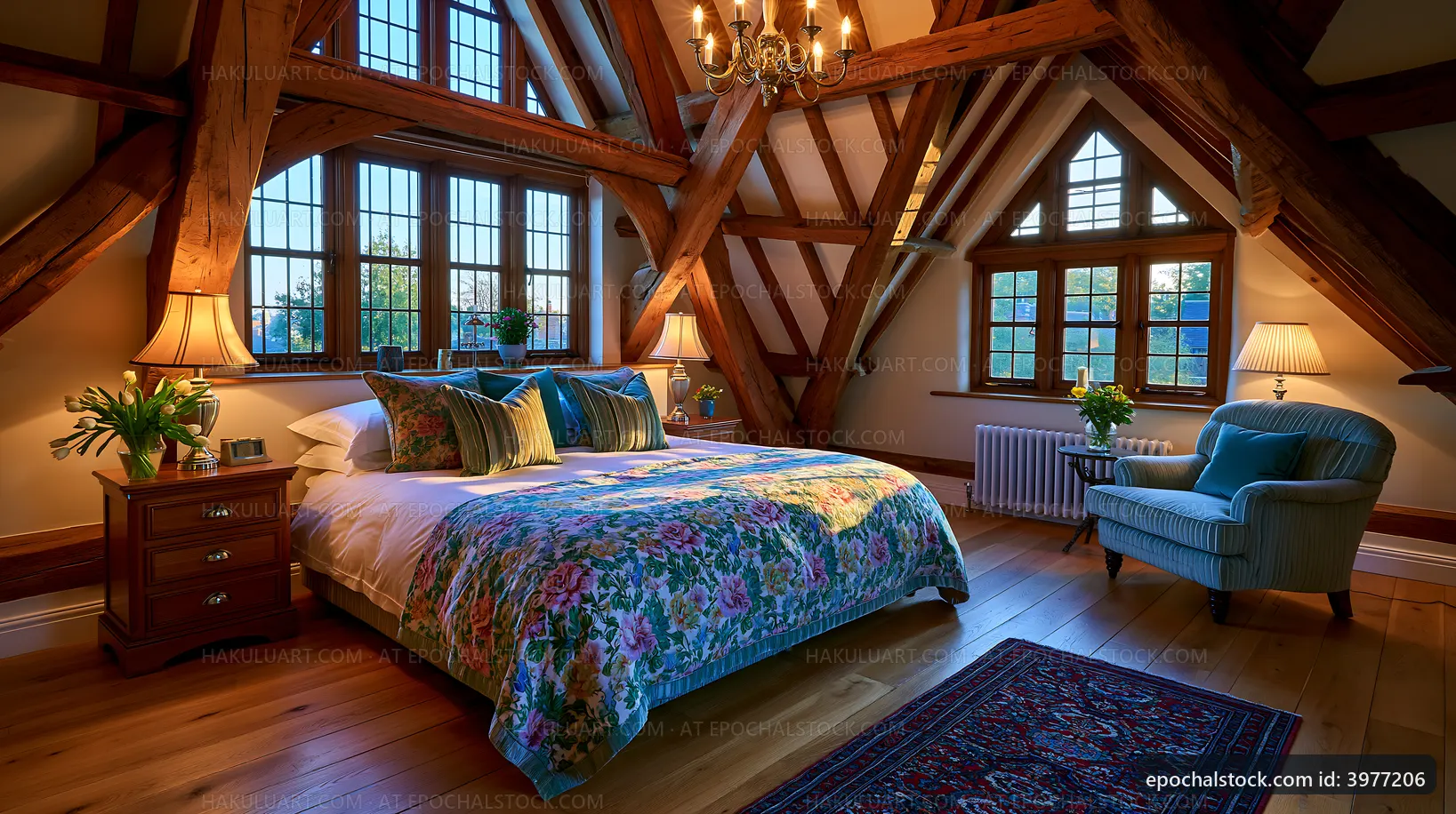 Cozy bedroom with wooden beams and large windows