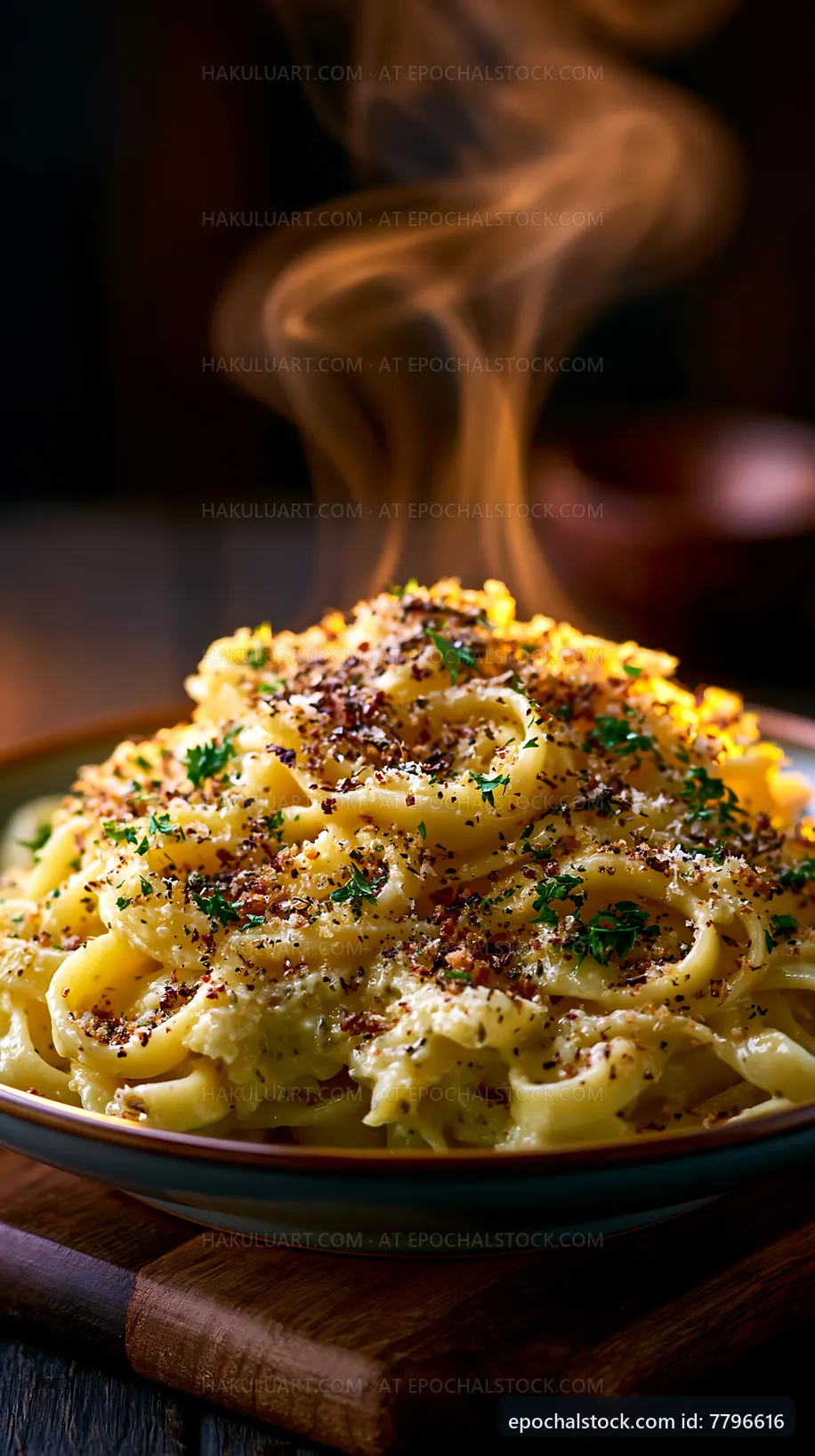 Delicious pasta with cheese and herbs on a wooden table