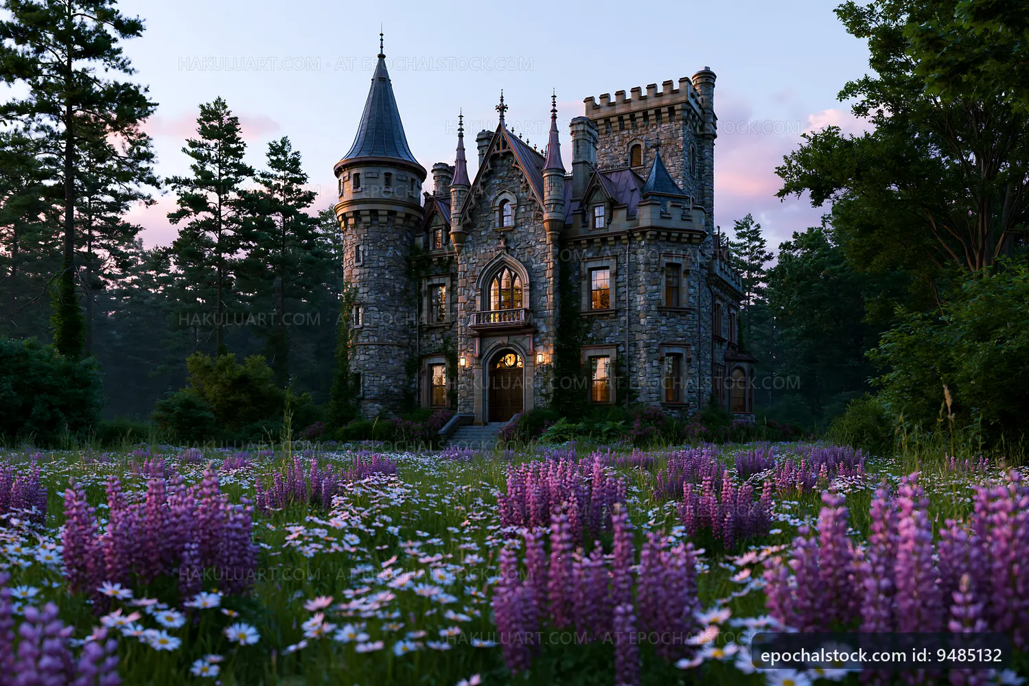 Historic stone castle surrounded by flowers in a wooded area