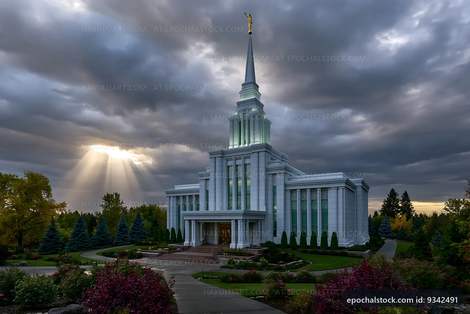 Cloudy sky above temple with sunlight breaking through