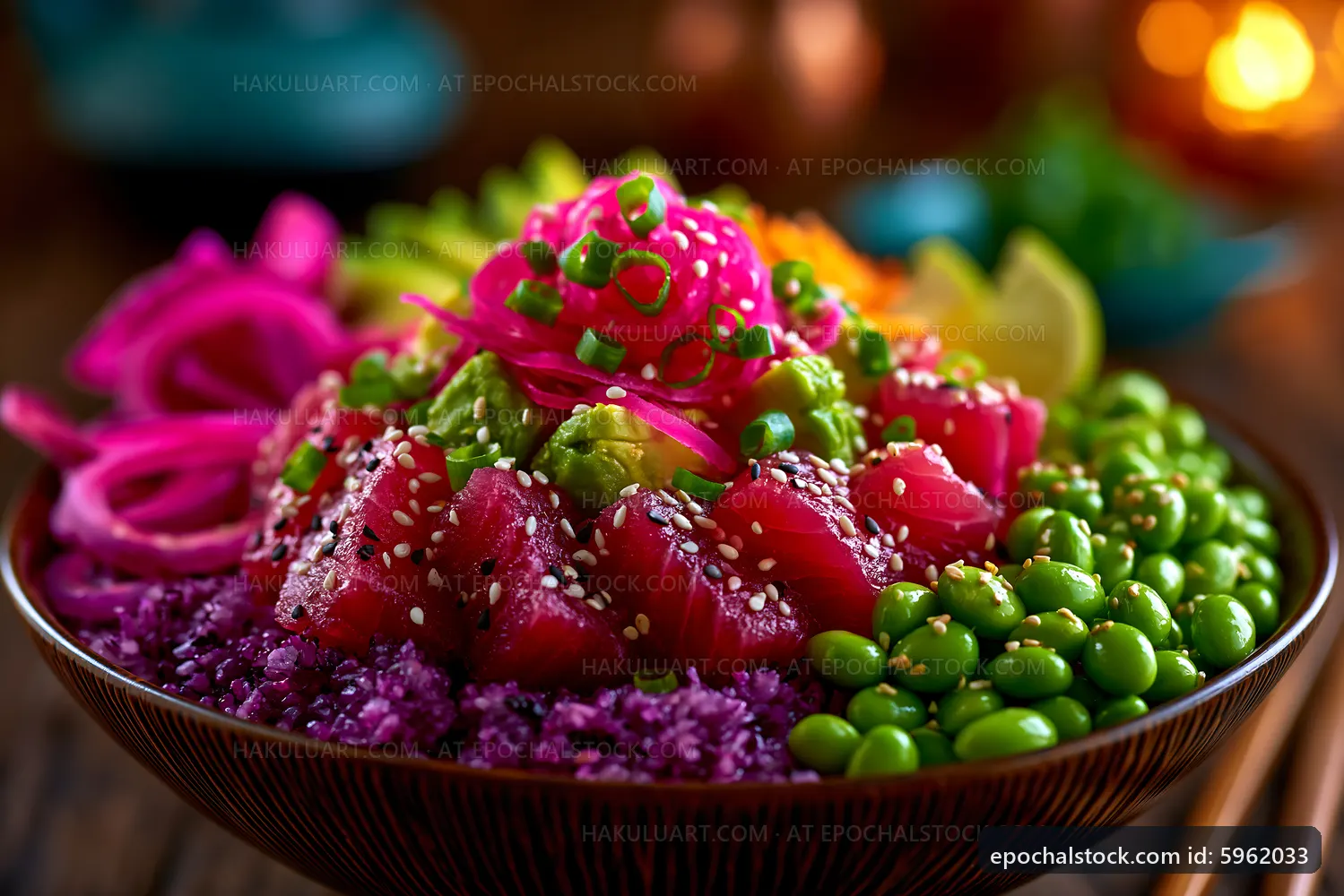 Colorful poke bowl with tuna, avocado, and vegetables