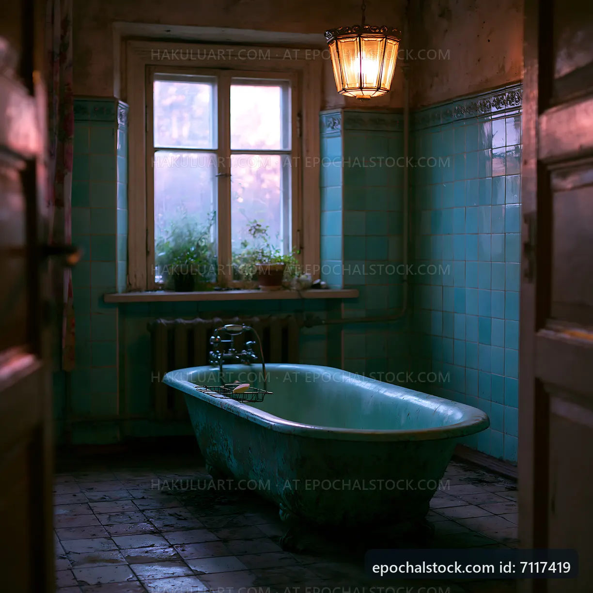 Old bathroom with vintage bathtub and natural light