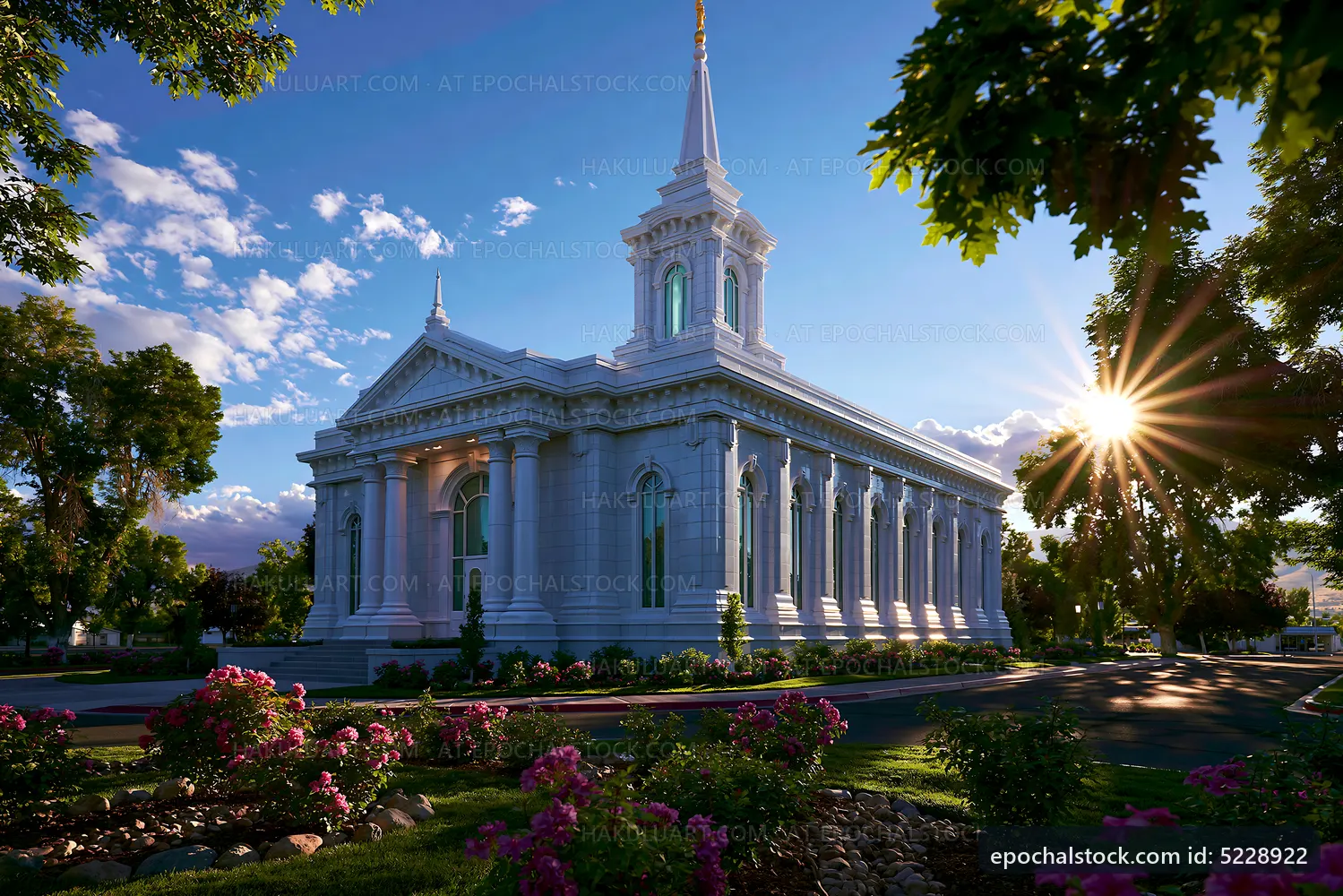 Church building surrounded by flowers at sunset