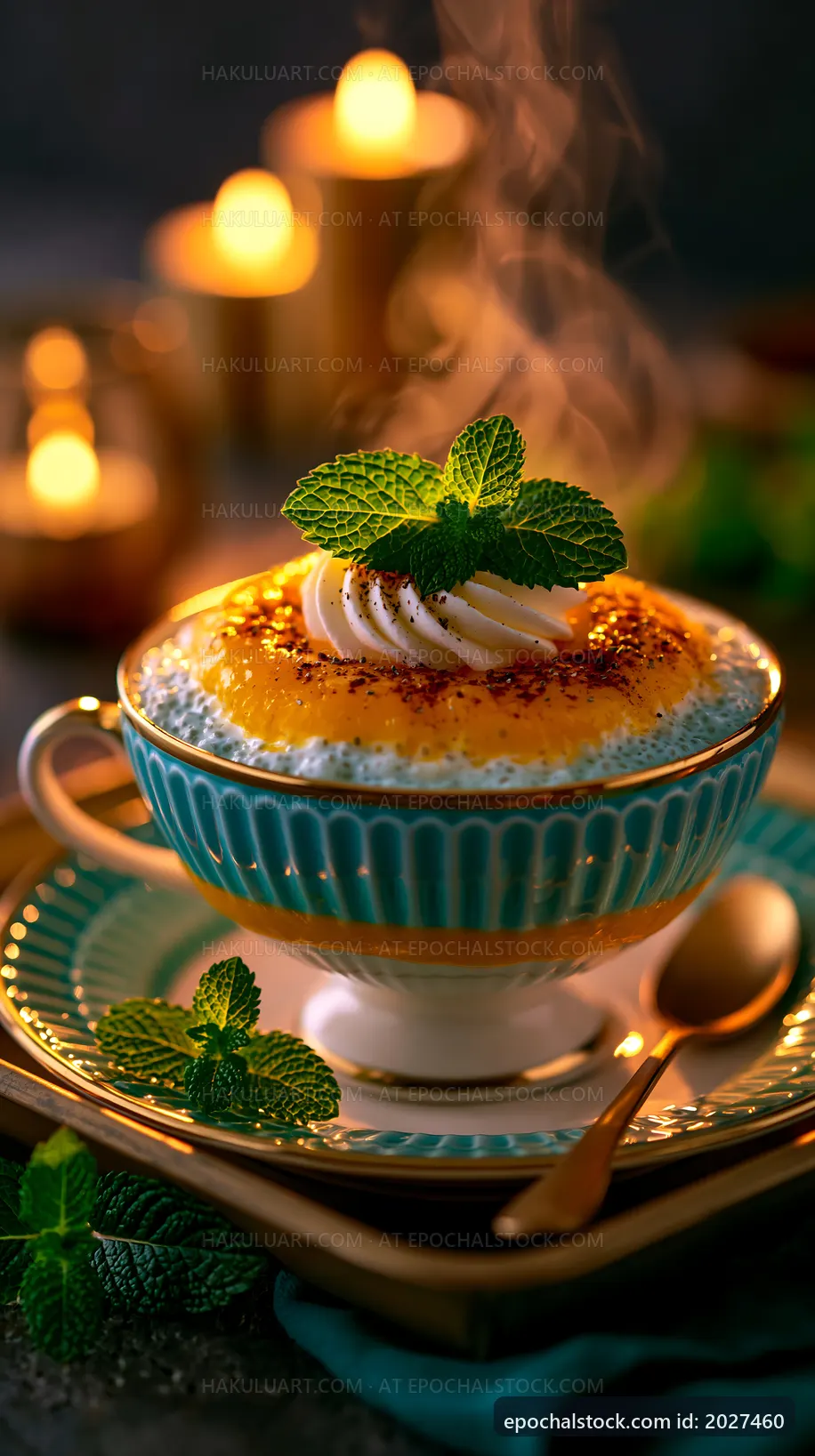 Dessert with cream and mint leaves served in a blue bowl