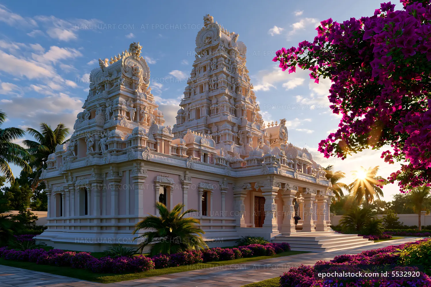 Temple architecture with blooming flowers at sunset