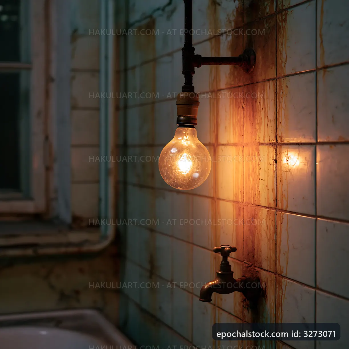 Rusty faucet and vintage light bulb in old bathroom setting