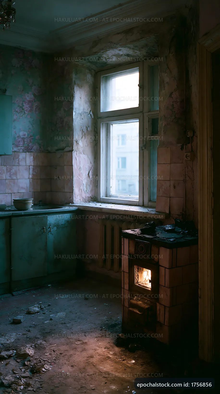 Old kitchen with peeling walls and a burning stove in a dim light