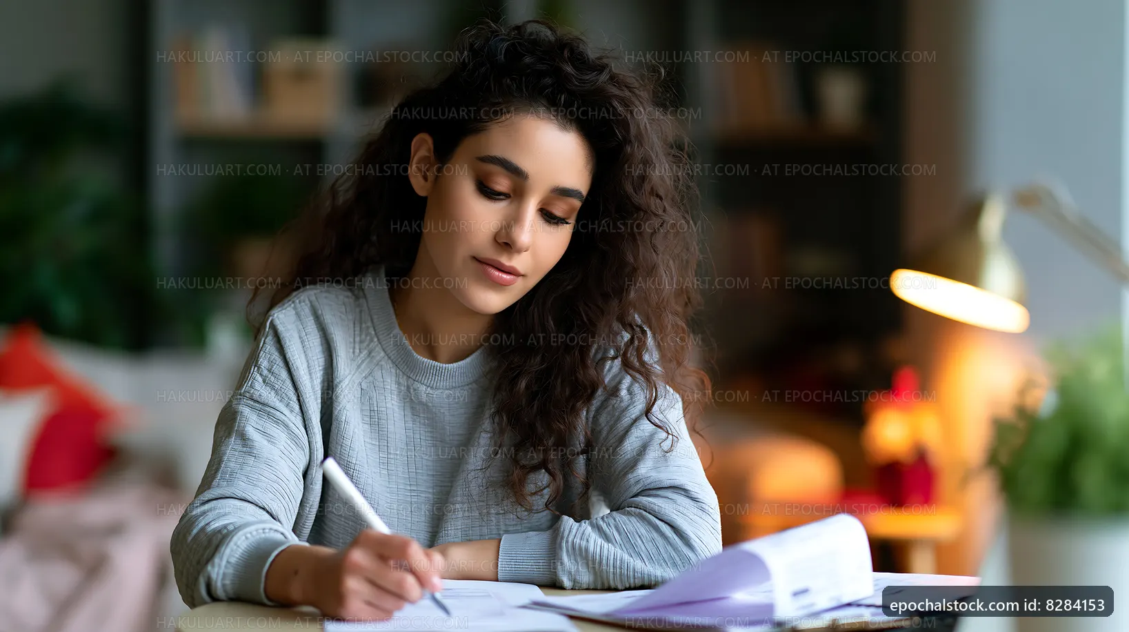 Woman writing notes at home in a cozy setting