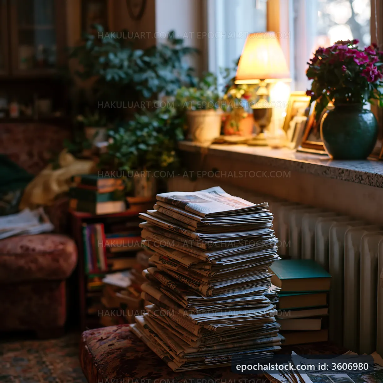 Stack of old newspapers near window with houseplants and lamp