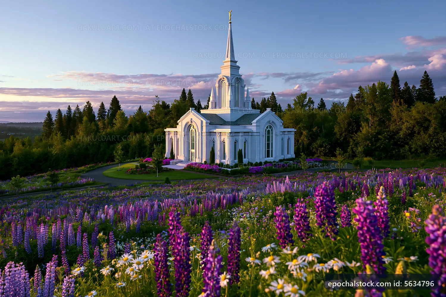 Church surrounded by flowers at sunset
