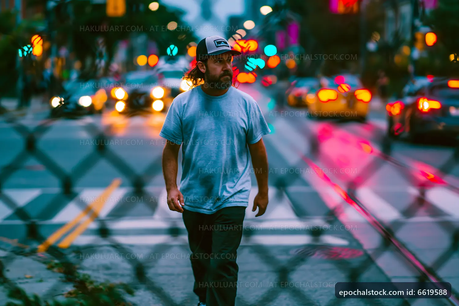 Man walking on city street at night with traffic in background
