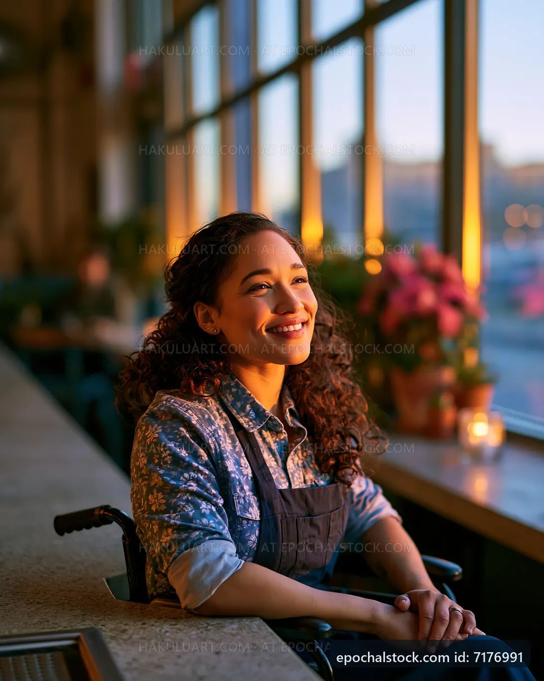 Woman in wheelchair smiles by large window in coffee shop