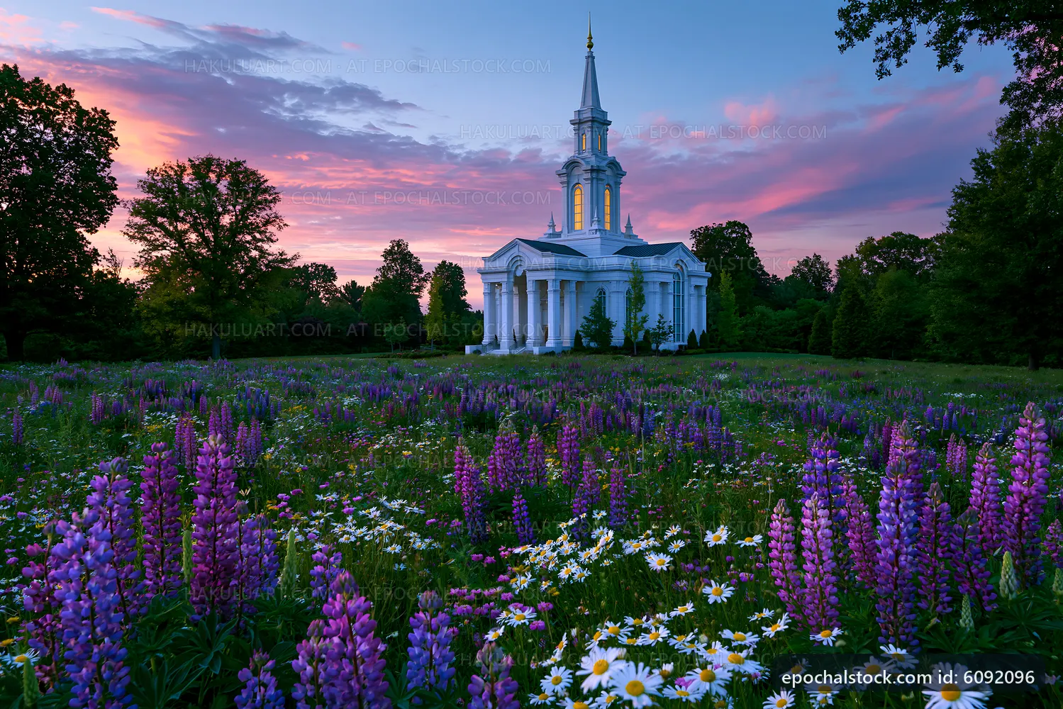 Church surrounded by wildflowers during sunset