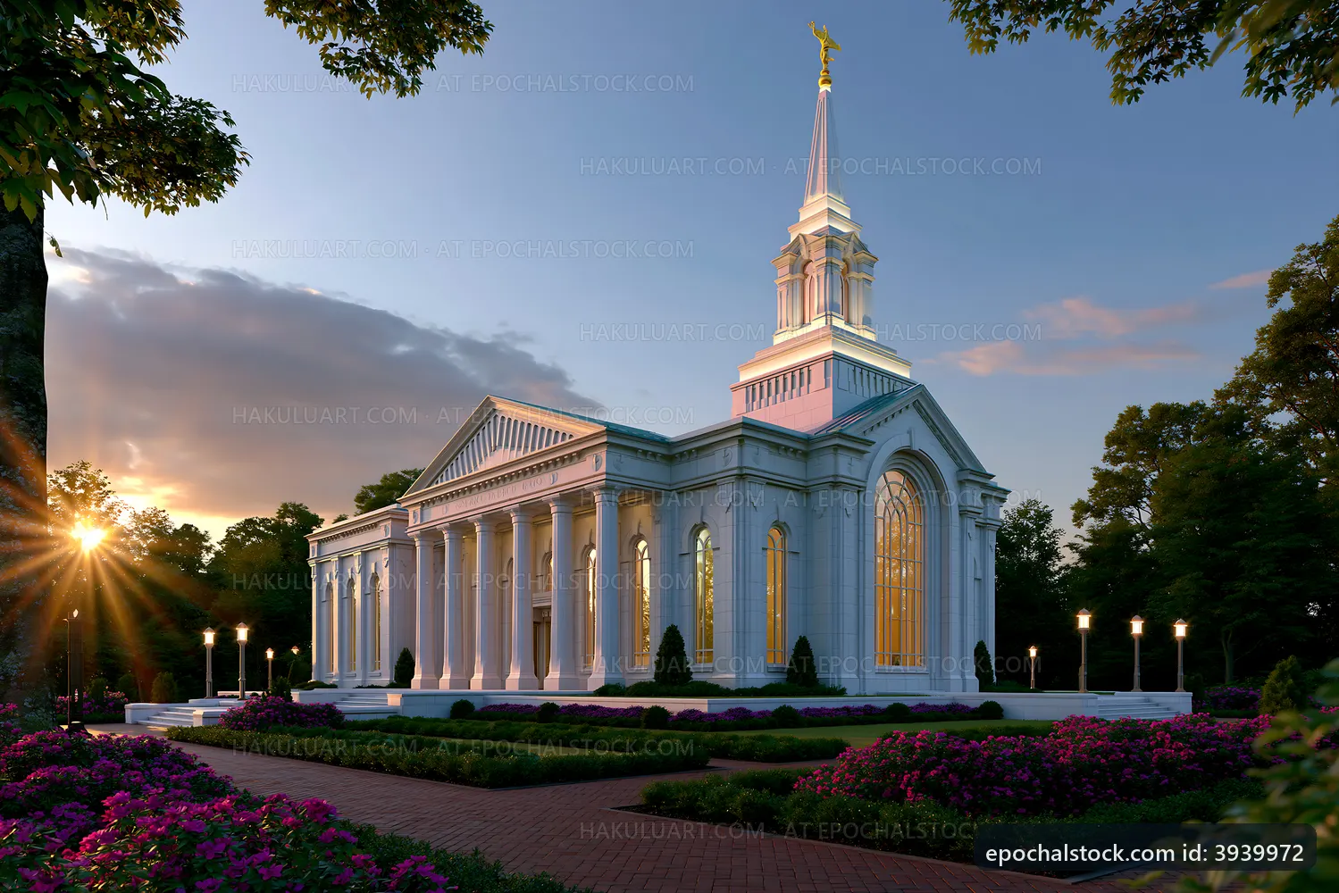 Beautiful white church with tall spire at sunset
