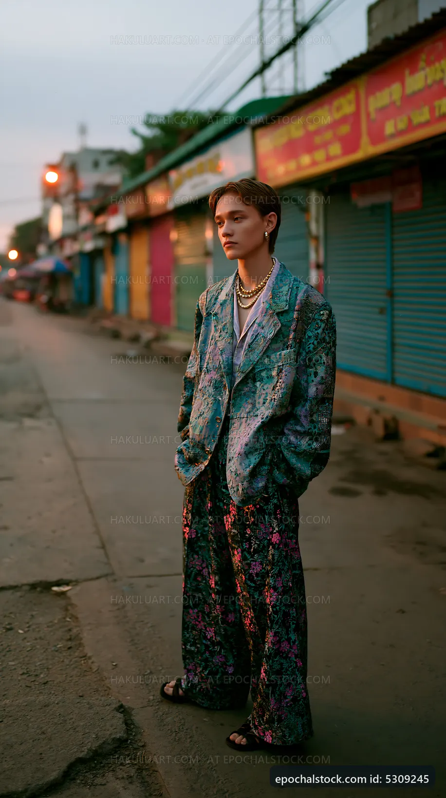 Person in colorful outfit standing on empty street at dusk