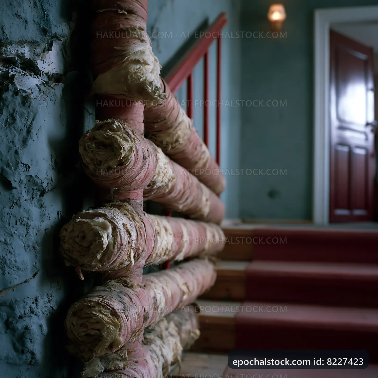 Old wooden staircase with shabby railing in a dimly lit hallway