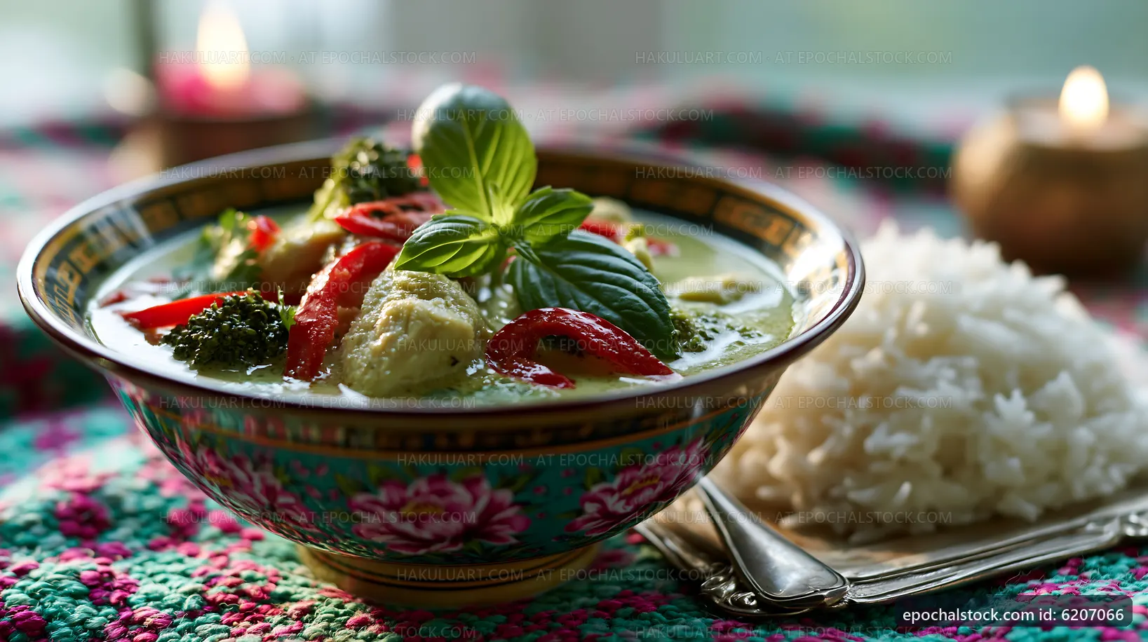 Green curry with vegetables and rice served in a bowl