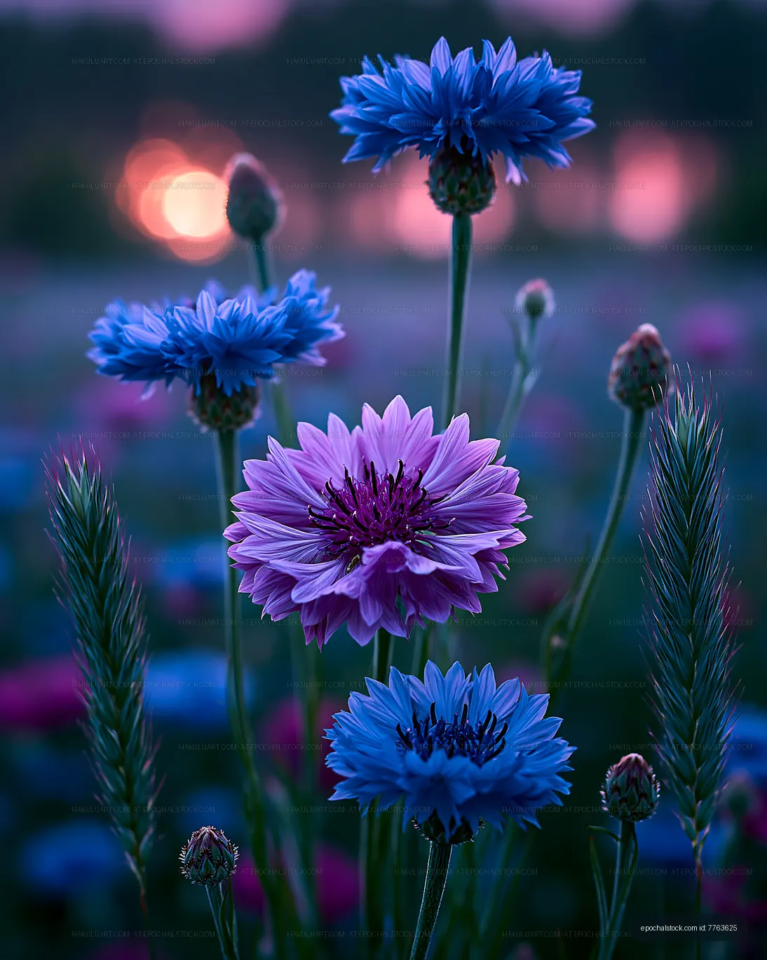 Colorful flowers in a field at sunset