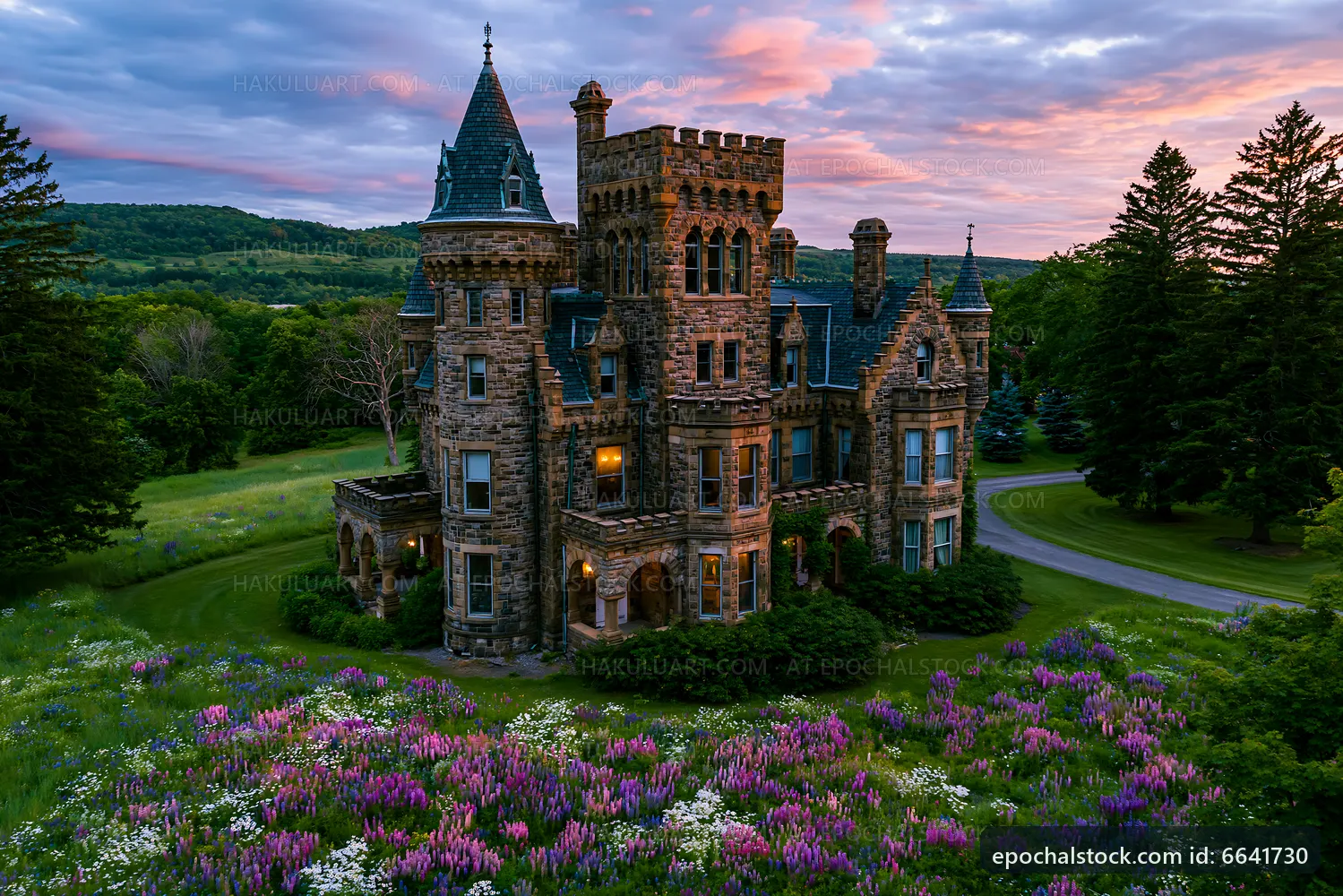 Historic stone castle surrounded by wildflowers at sunset