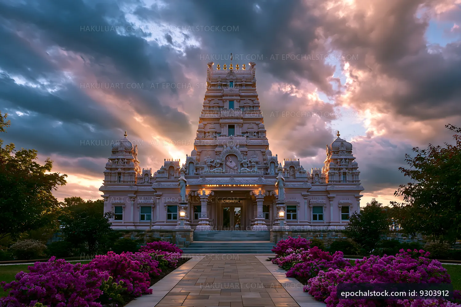 Sunset over a temple with colorful flowers in the foreground