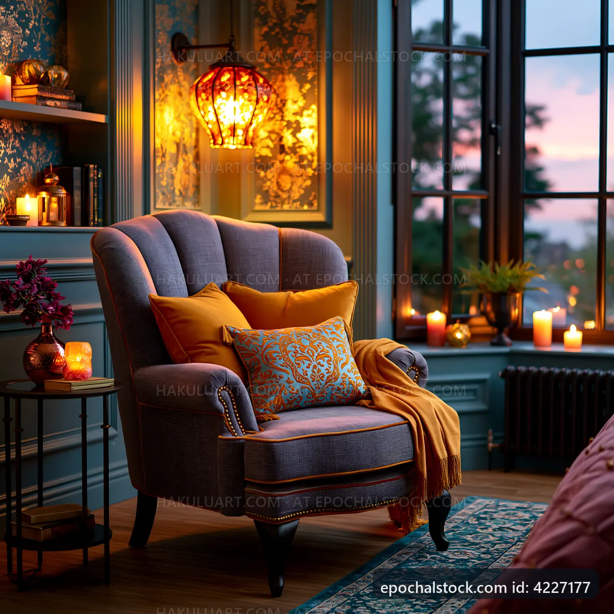 Cozy chair with pillows in warm-lit interior during sunset