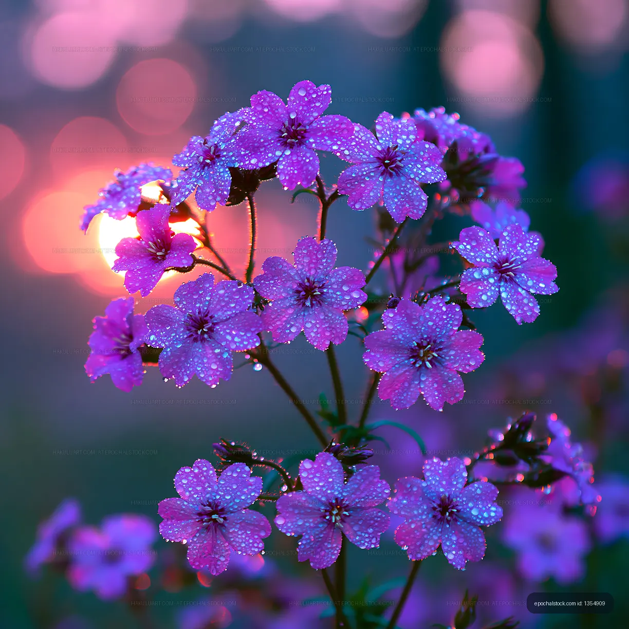 Purple flowers with dew in the sunlight near sunset