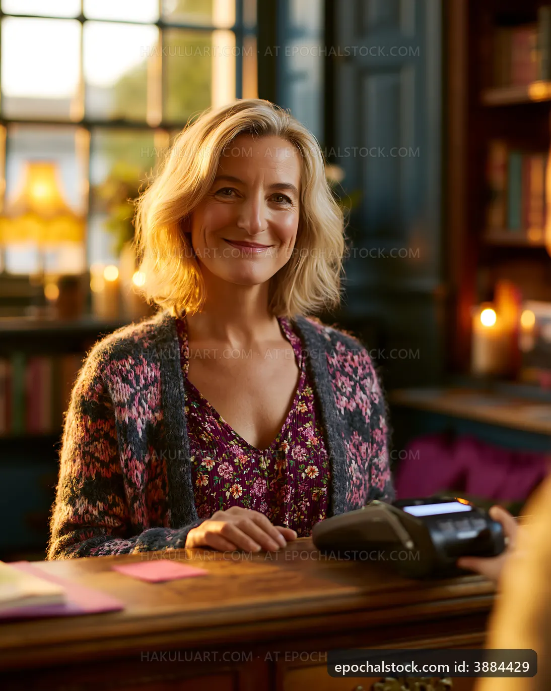 Smiling woman at counter in cozy bookstore setting